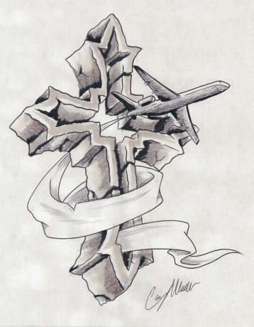 grey-ink-3d-cross-and-flying-plane-tattoo-design